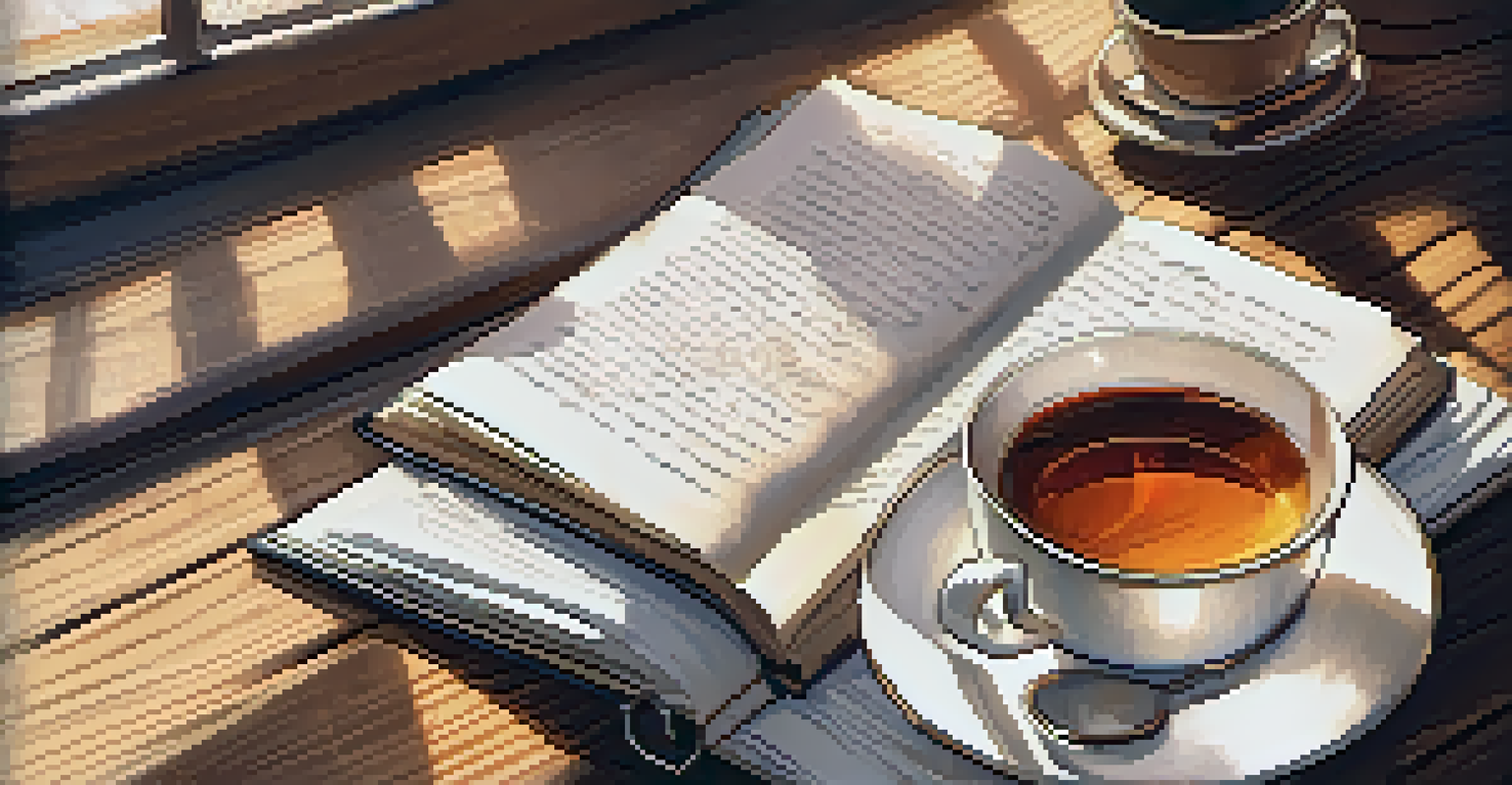 An open journal filled with handwritten notes and sketches on a wooden table with a cup of tea.