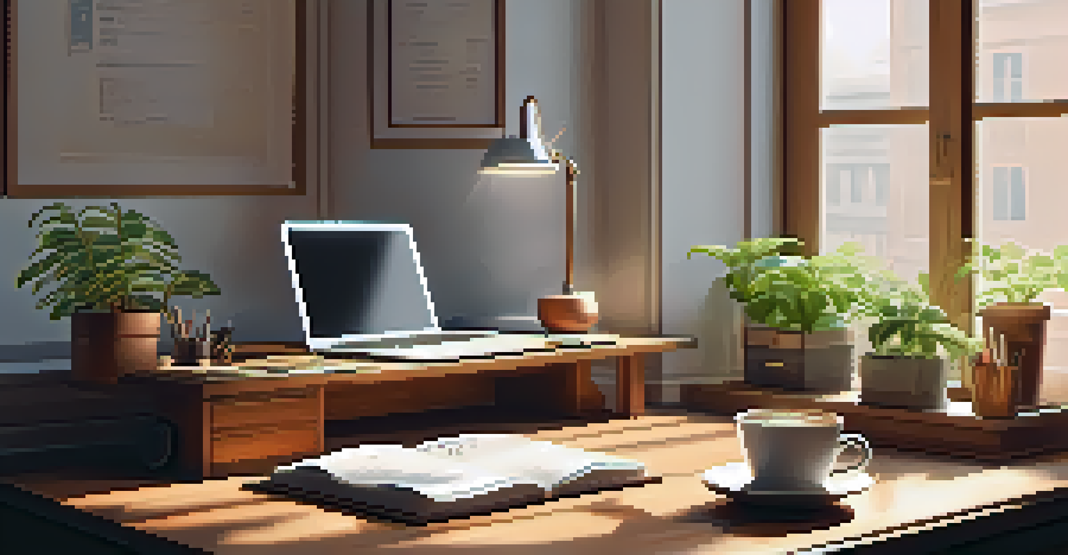 A cozy workspace with a journal, coffee cup, and plants, illuminated by natural light.