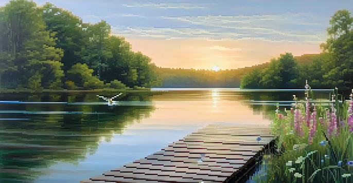 A peaceful sunrise over a calm lake with a wooden dock and birds flying overhead.