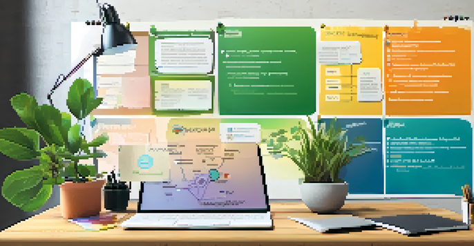 A vibrant mind map illustrating project goals, tasks, and timelines on a wooden desk in a softly lit office.