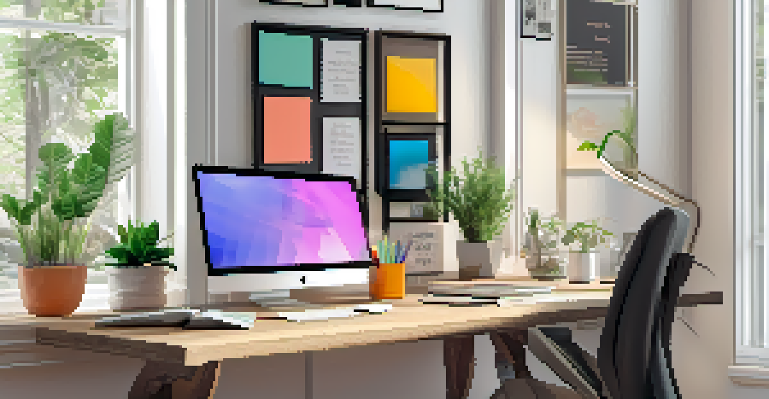 A modern workspace with a laptop, stationery, a plant, and motivational quotes on the walls, illuminated by natural light.
