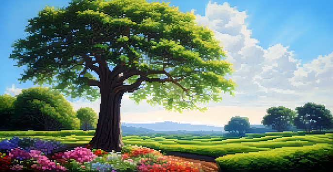 A strong green tree surrounded by colorful flowers under a clear blue sky, symbolizing resilience.