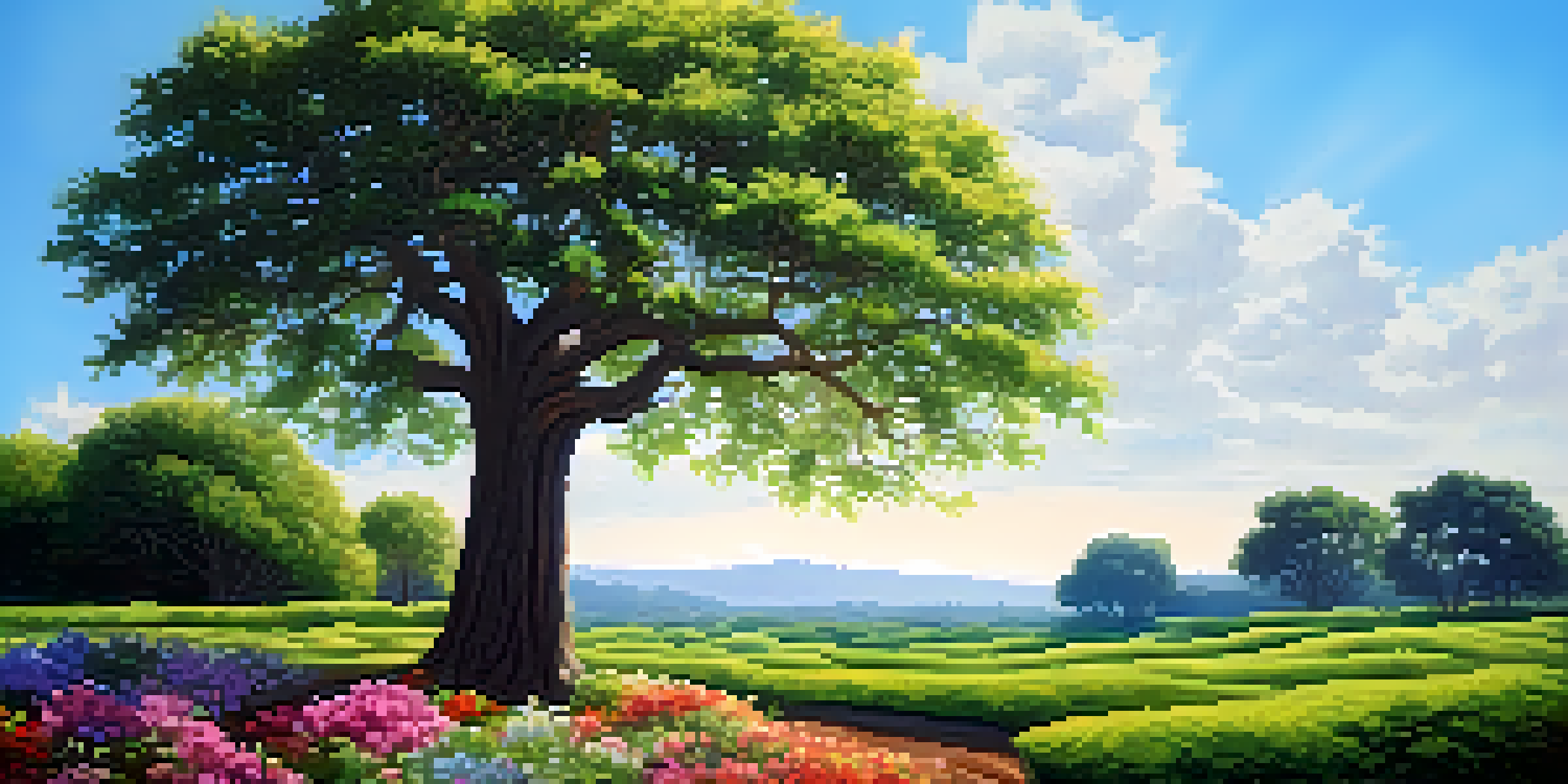A strong green tree surrounded by colorful flowers under a clear blue sky, symbolizing resilience.