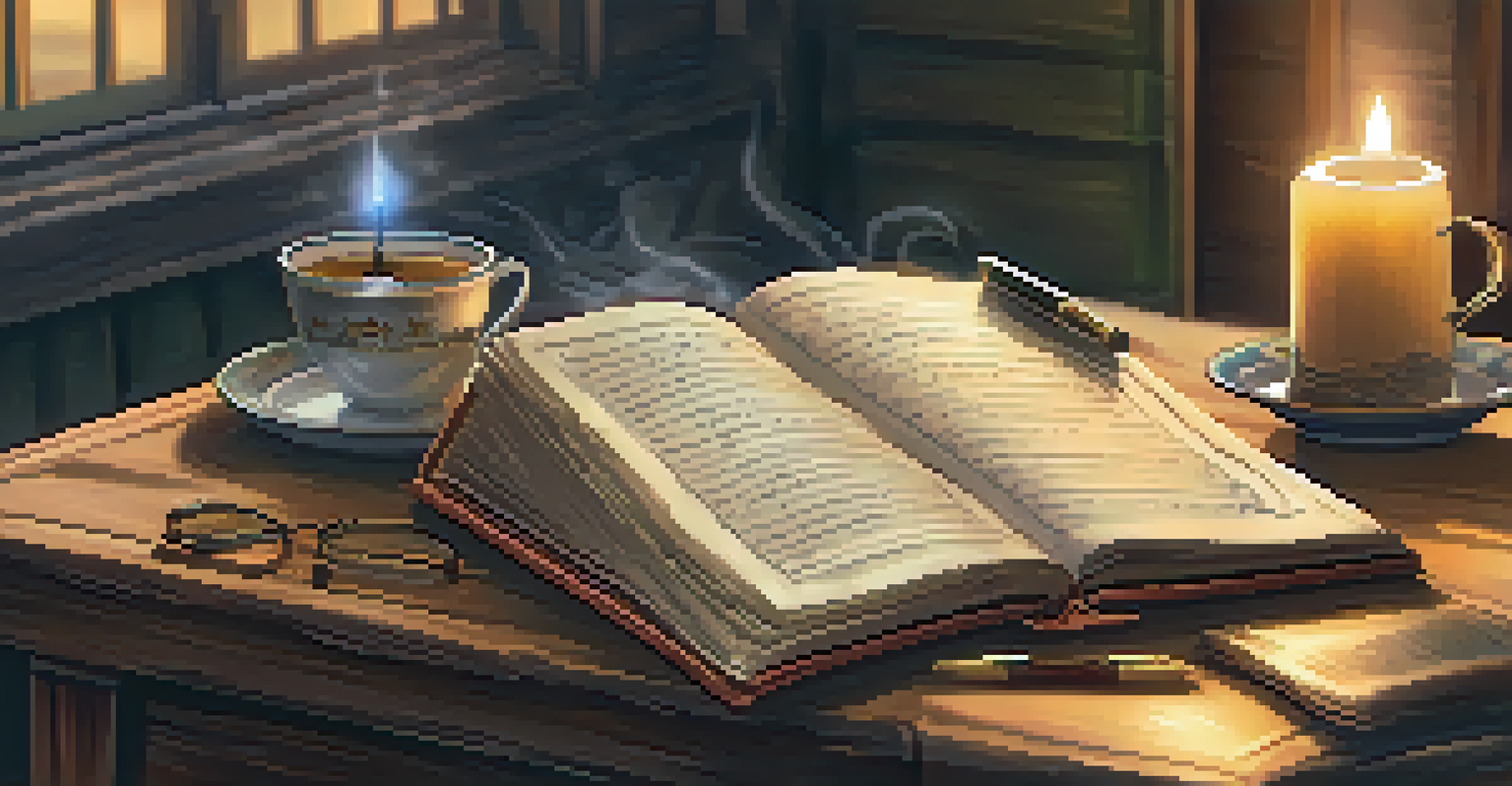 An open journal with handwritten notes, a cup of tea, and a candle on a wooden table.