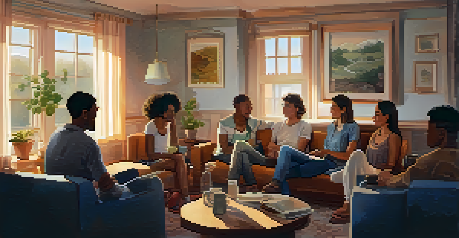 A group of friends sitting in a cozy living room, actively listening to each other.