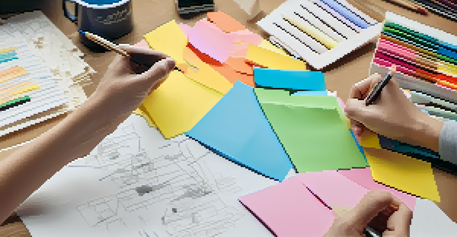 Close-up of hands collaborating on a project with sticky notes and diagrams in a warm-lit environment.