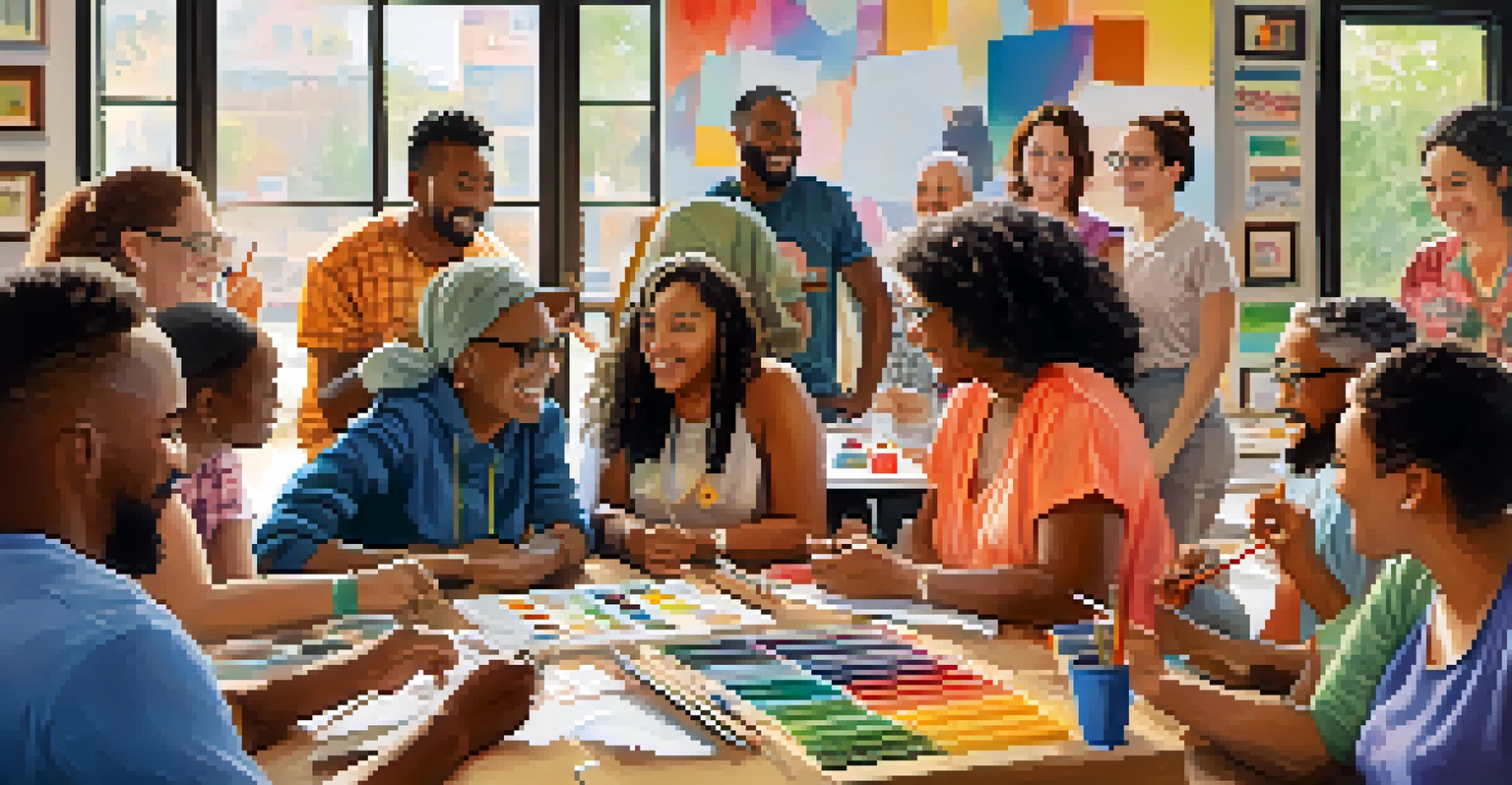 Diverse individuals collaborating in a community workshop, surrounded by colorful art supplies and displaying joyful expressions.