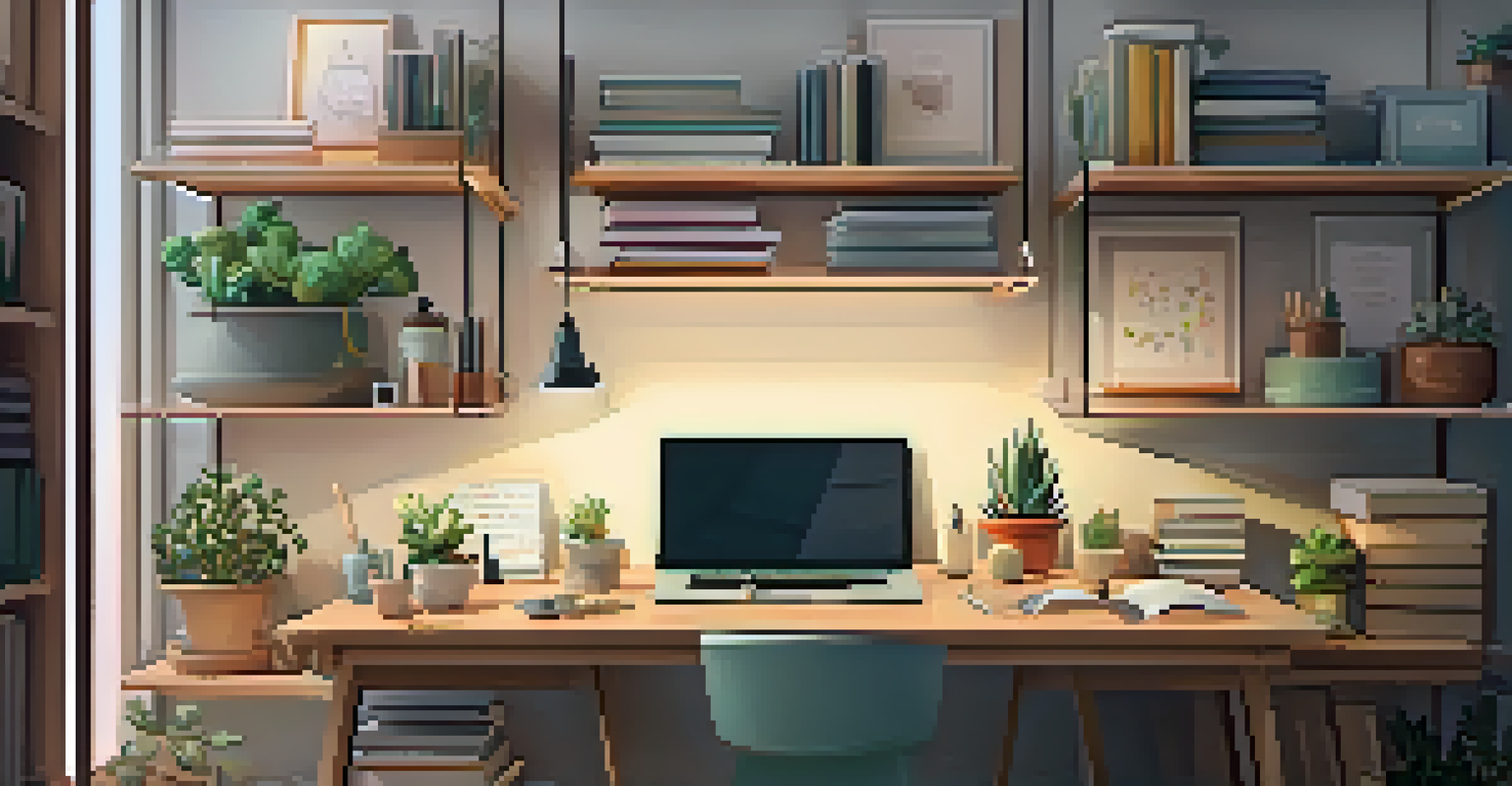 A clean and minimalist creative workspace with a laptop, a cup of tea, and neatly organized shelves, illuminated by warm lighting.