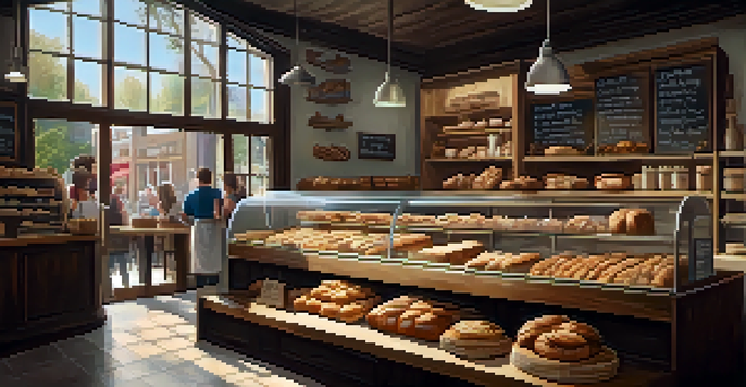 A cozy bakery interior filled with artisanal bread and pastries, with customers enjoying their food and warm lighting.