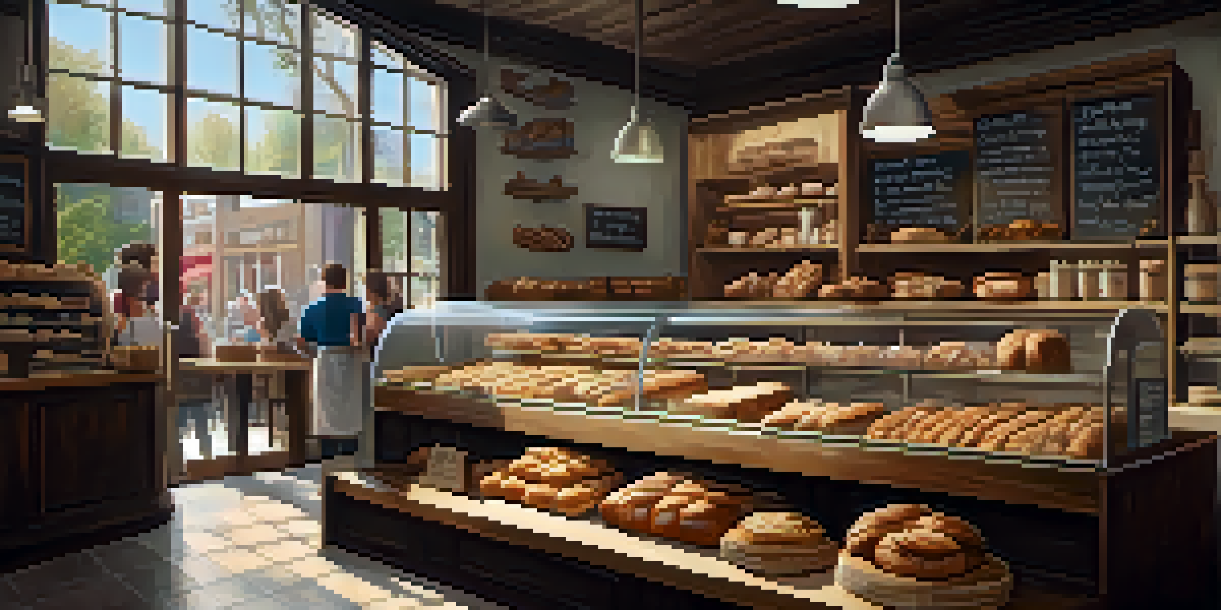 A cozy bakery interior filled with artisanal bread and pastries, with customers enjoying their food and warm lighting.