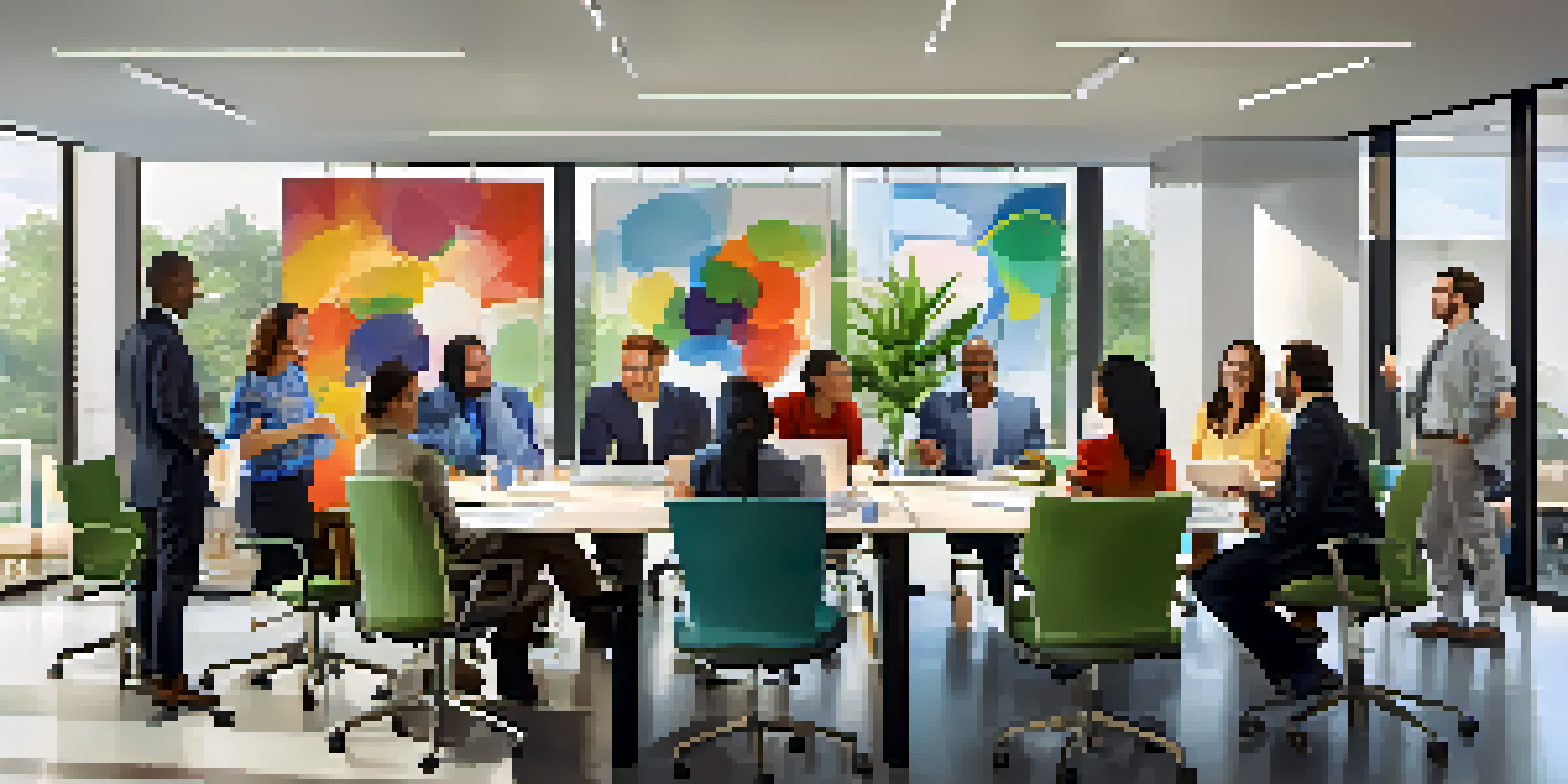 A diverse group of employees in a well-lit modern office discussing around a conference table, promoting open communication.