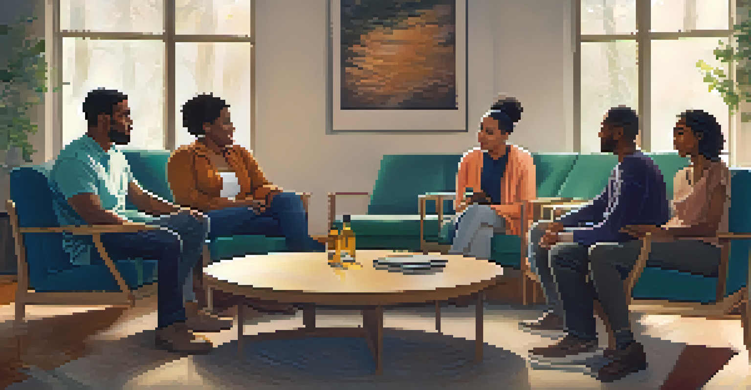 A group therapy session with diverse individuals seated in a circle, engaged in supportive conversation, highlighting community support.