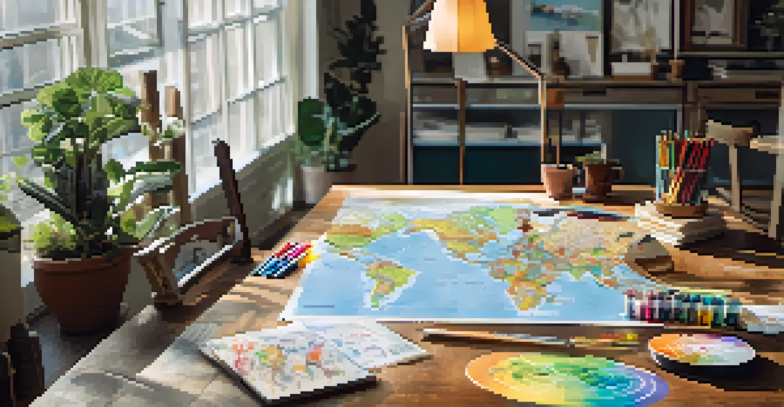 A colorful life map on a wooden table with markers and photographs, illuminated by soft natural light.