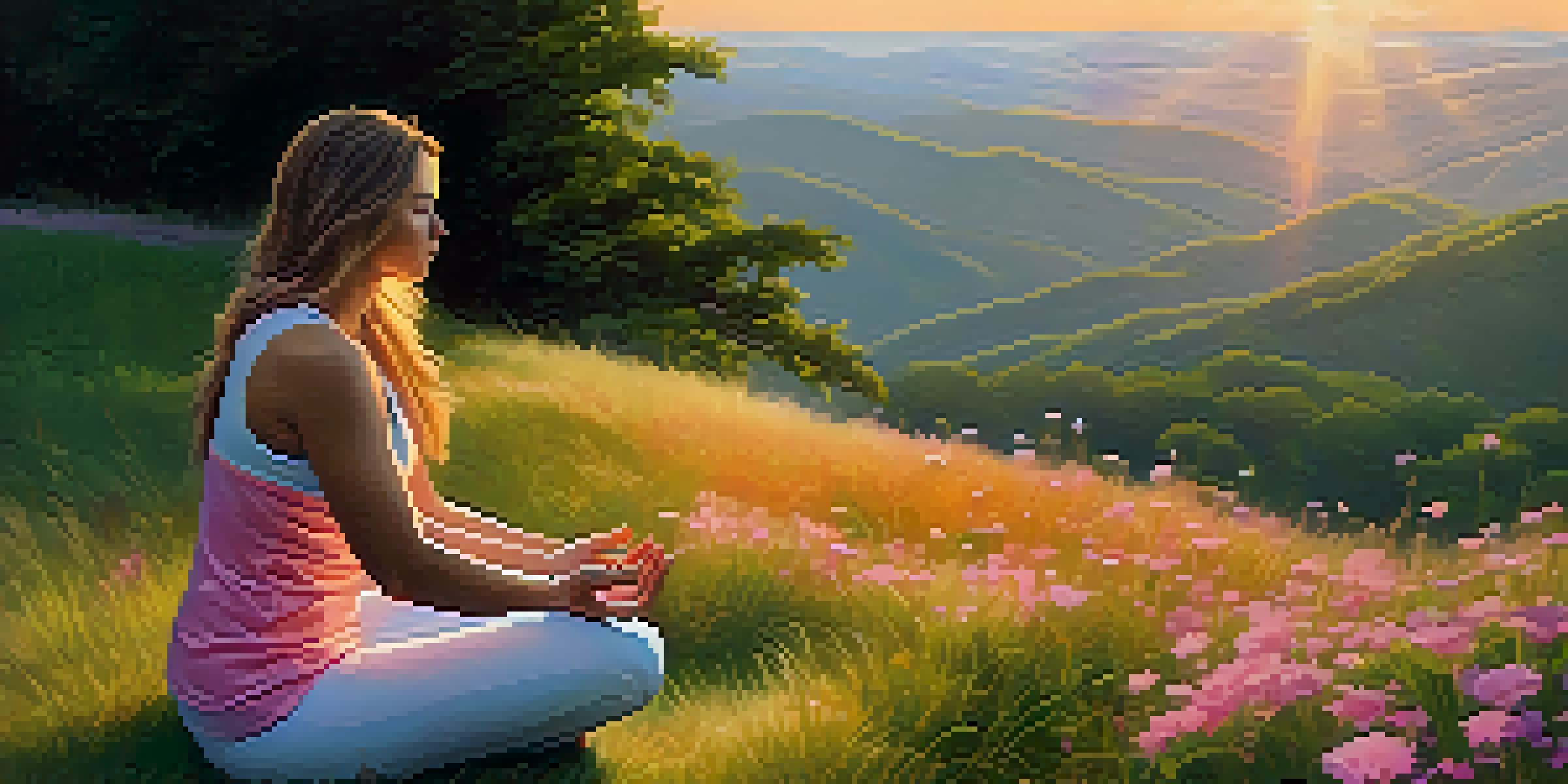 A person practicing yoga on a grassy hill at sunrise, surrounded by nature and colorful sky.