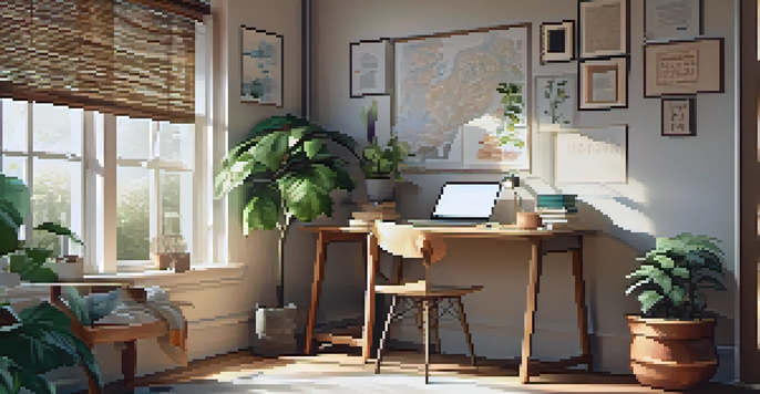 A cozy study corner with a chair, desk, laptop, and books illuminated by natural light from a window.