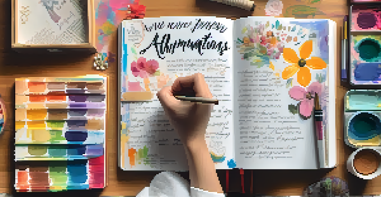 A hand writing affirmations in a journal with a vision board in the background, illuminated by soft light.