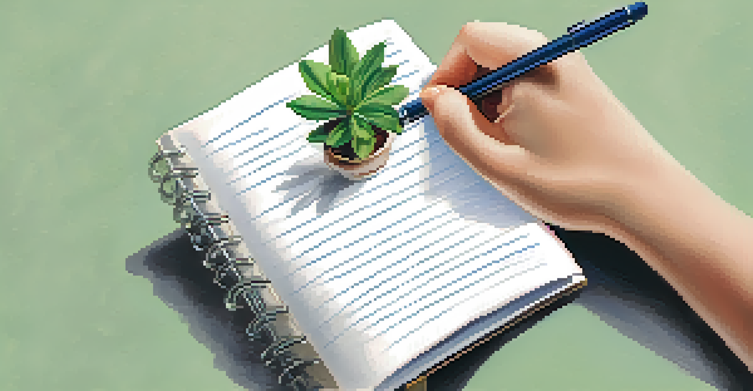 A hand holding a small plant with a notebook and pen in the background, symbolizing the growth of personal goals and aspirations.