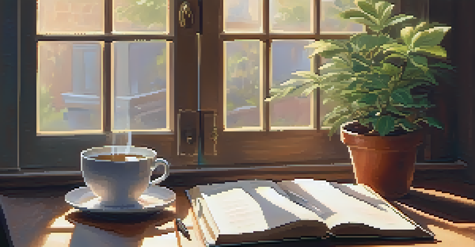 A cozy workspace with an open gratitude journal, a cup of tea, and a plant, illuminated by soft sunlight from a window.