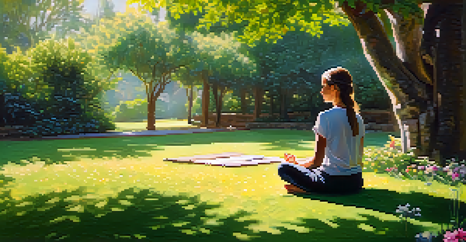 A person meditating on the grass surrounded by greenery and flowers under dappled sunlight.