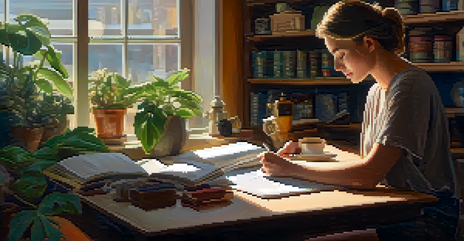 A person writing in a journal at a coffee shop with warm lighting and a cup of coffee.