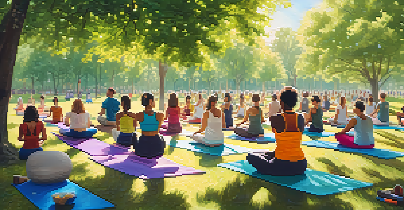 A diverse group of people practicing yoga in a sunny park surrounded by greenery, each on colorful yoga mats.
