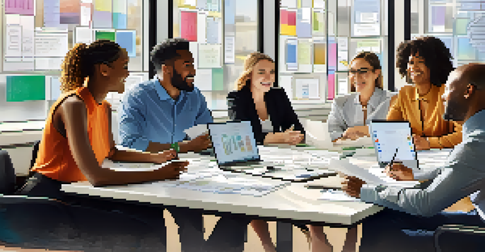 A group of diverse team members discussing ideas around a conference table, illustrating collaboration and teamwork.