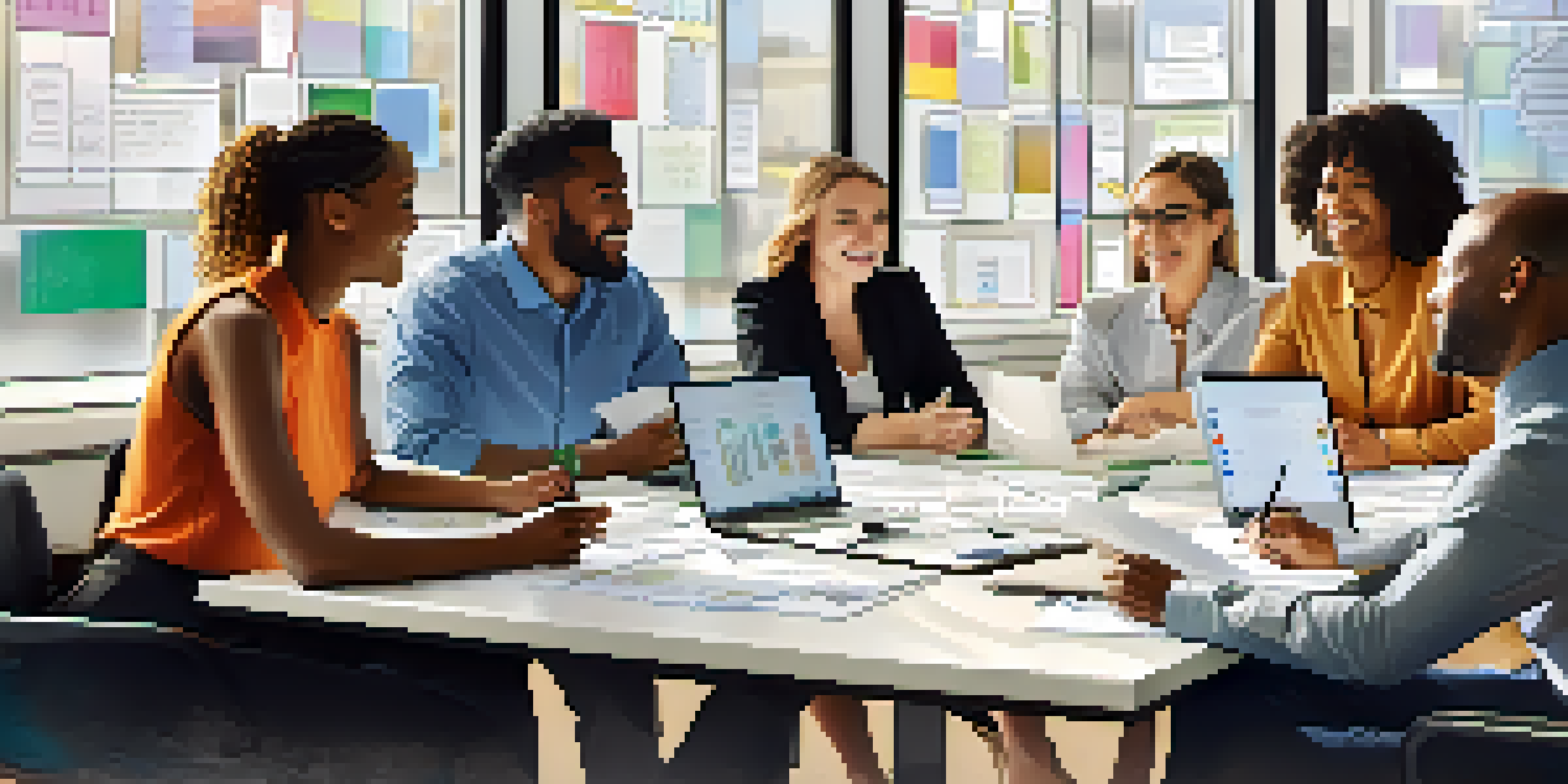 A group of diverse team members discussing ideas around a conference table, illustrating collaboration and teamwork.