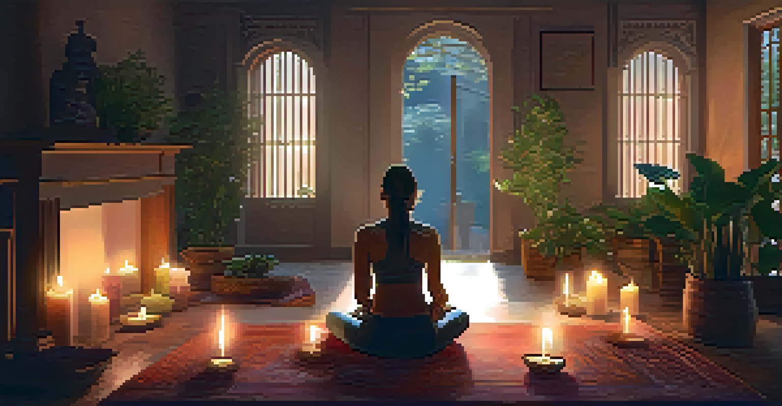 A person meditating peacefully indoors with candles and plants around them.