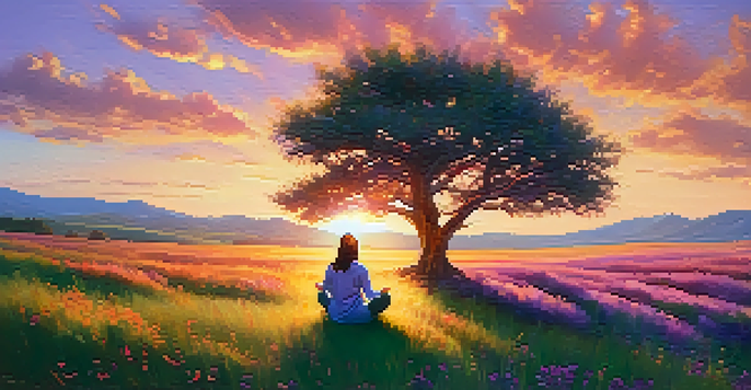 An individual meditating on a grassy hilltop at sunset, surrounded by wildflowers and a colorful sky.