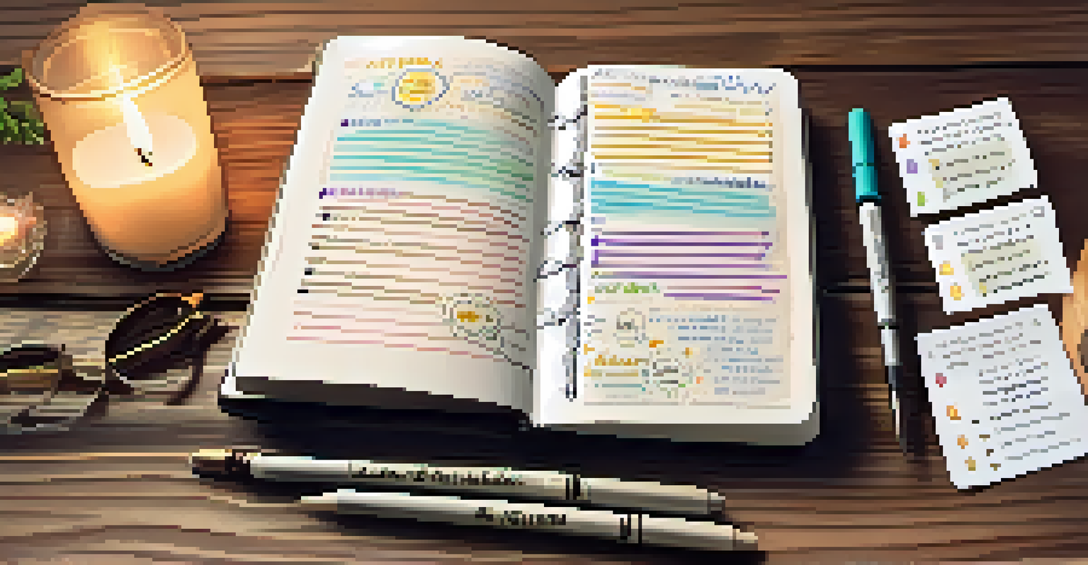An organized journal spread showing SMART goals with stickers, placed on a wooden table with a candle and a plant.