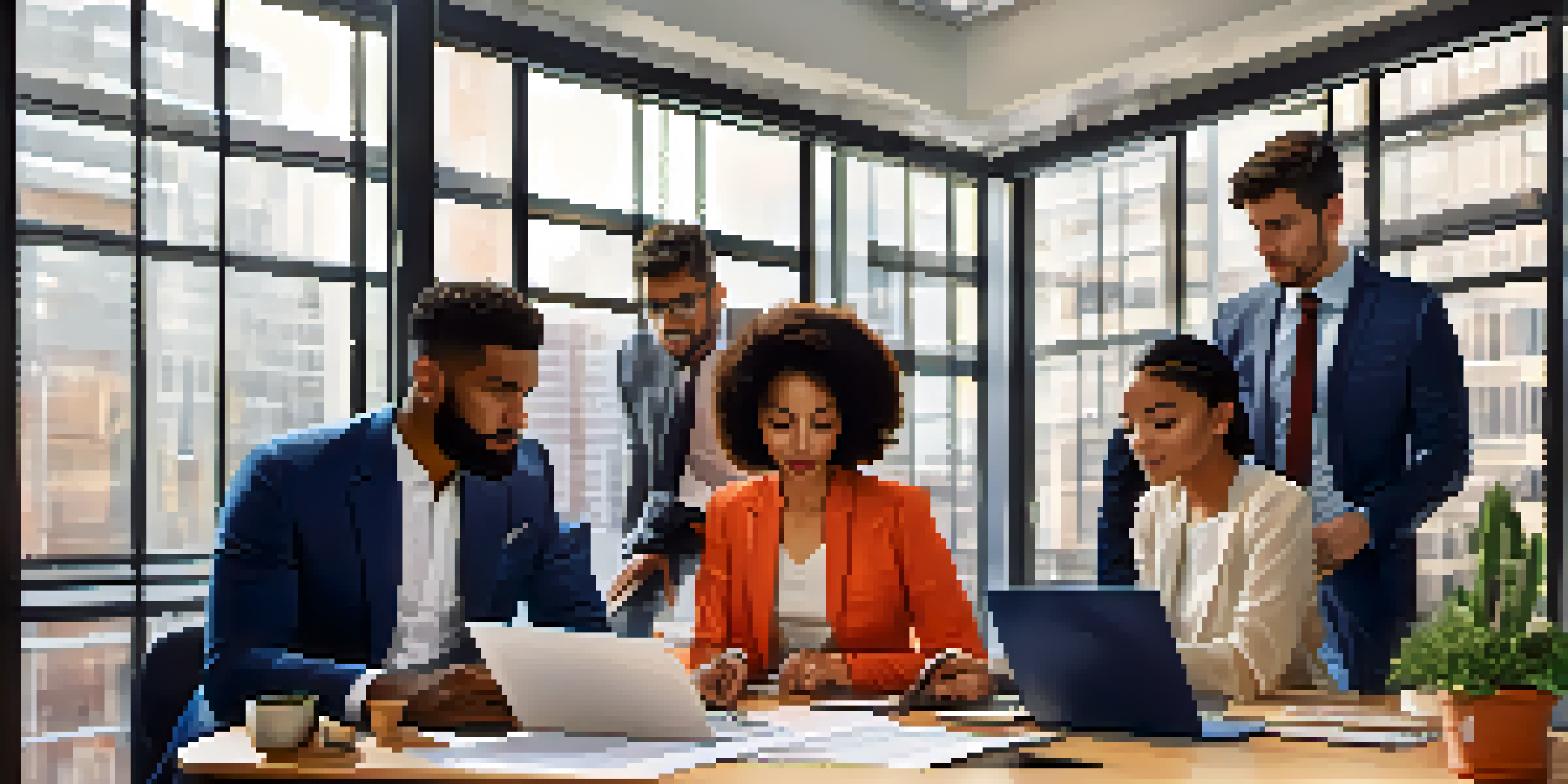 A diverse group of professionals collaborating in a bright conference room, showcasing different cultural backgrounds and engaged in brainstorming activities.