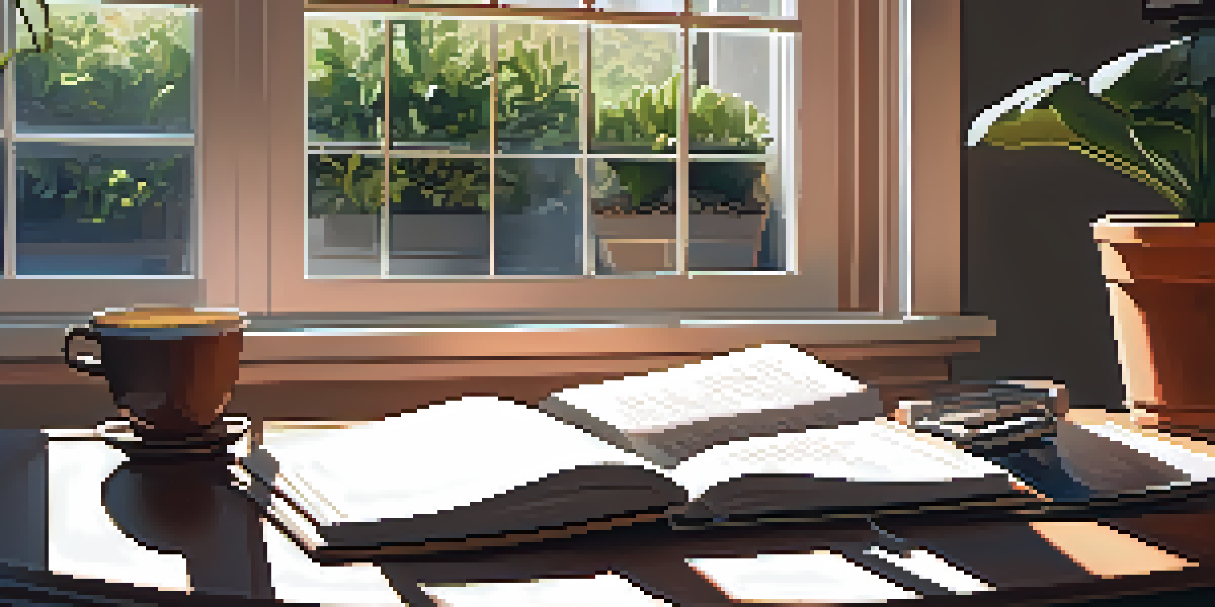 A bright and inviting workspace with a laptop, plants, and an open journal on a wooden desk, illuminated by sunlight from a large window.