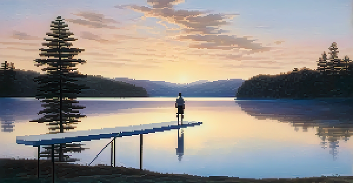 A person on a diving board at sunrise, looking out over a calm lake, with soft pastel colors in the sky.