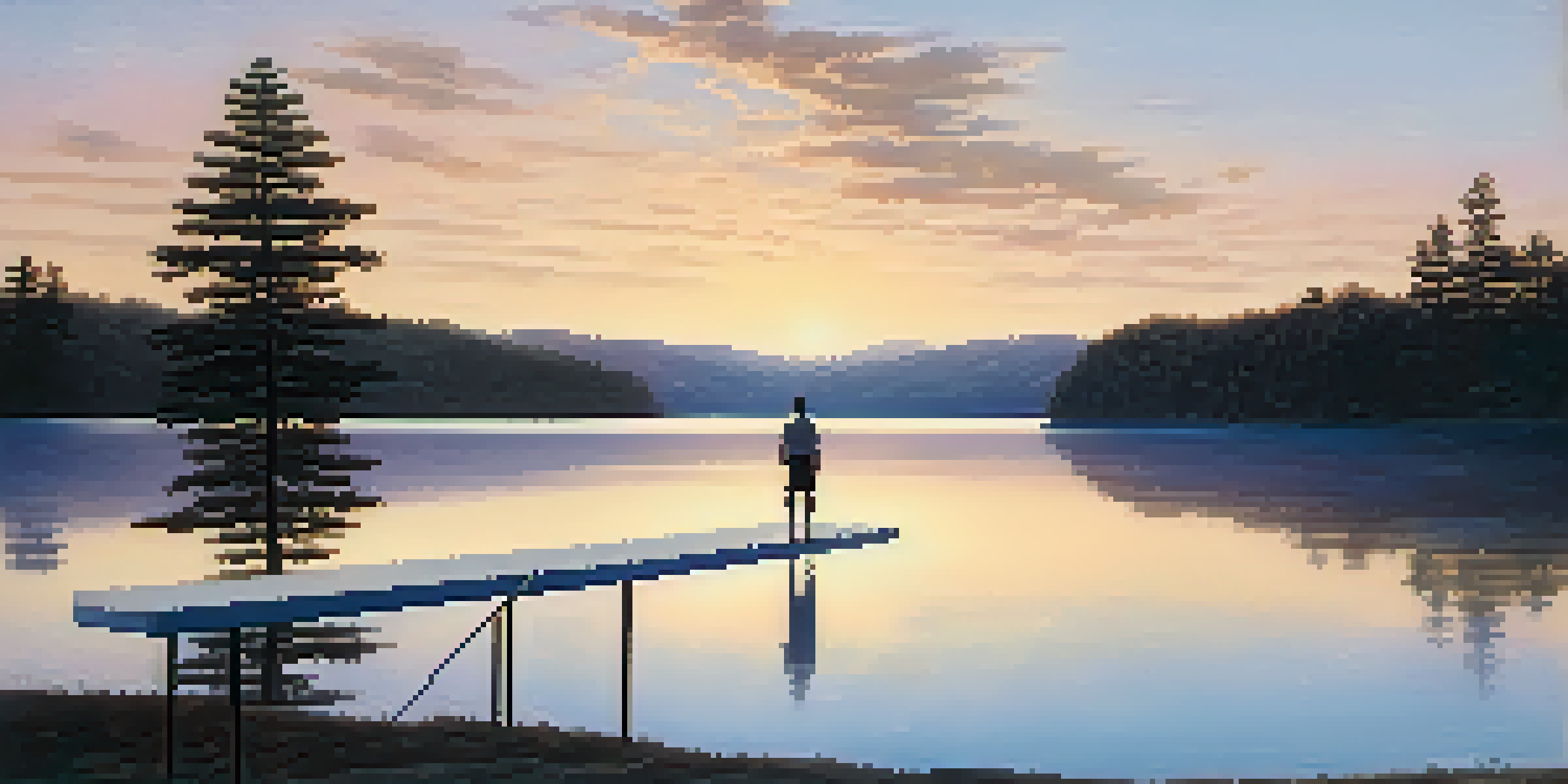 A person on a diving board at sunrise, looking out over a calm lake, with soft pastel colors in the sky.