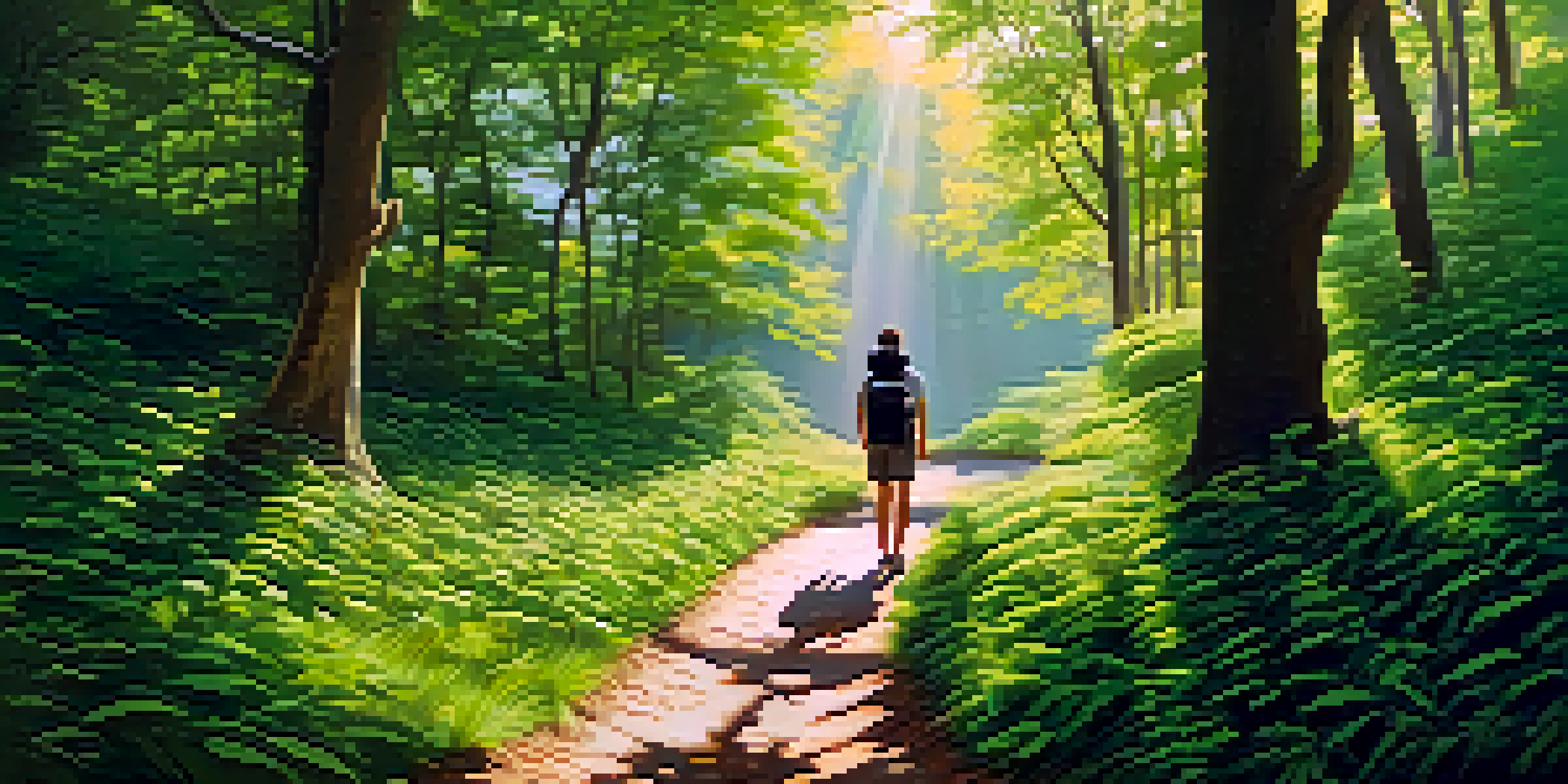 A lush green forest with a winding path and sunlight filtering through the trees, depicting a person walking on a journey.