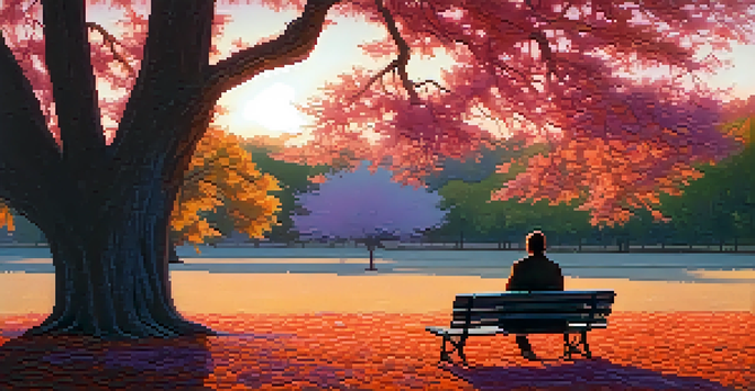 A person sitting on a bench under a tree, writing in a journal during sunset.