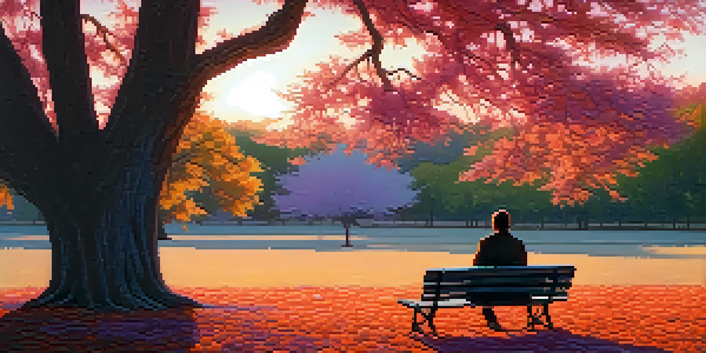 A person sitting on a bench under a tree, writing in a journal during sunset.