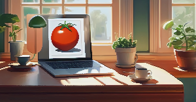 A cozy workspace with a tomato-shaped timer, a laptop, and a cup of coffee on a wooden desk with sunlight filtering through the window.