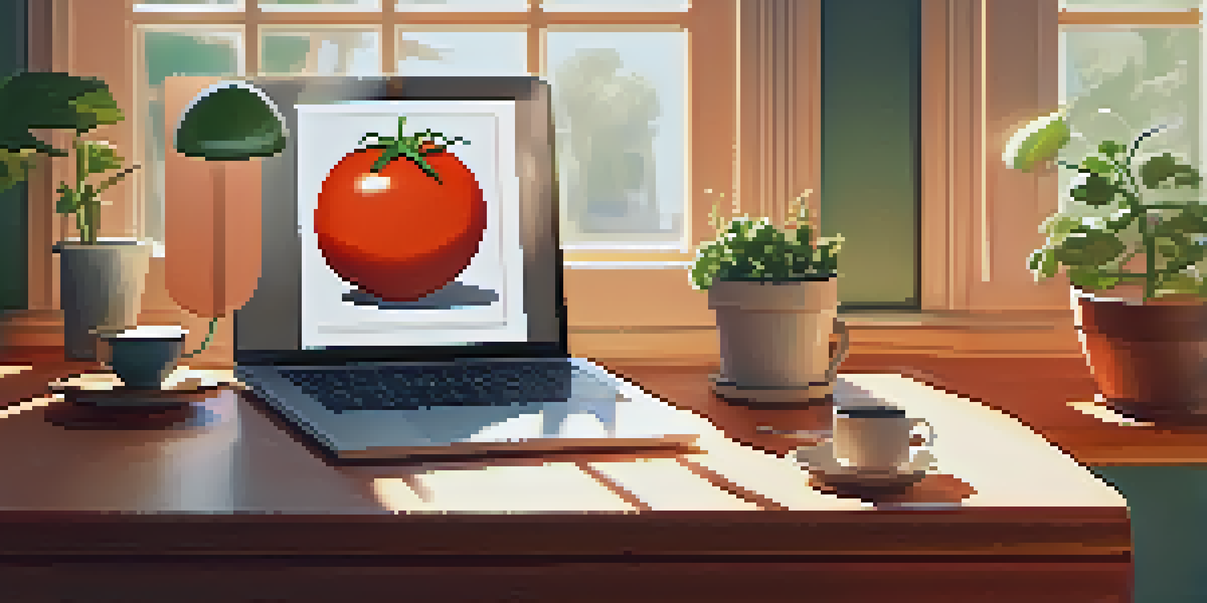 A cozy workspace with a tomato-shaped timer, a laptop, and a cup of coffee on a wooden desk with sunlight filtering through the window.