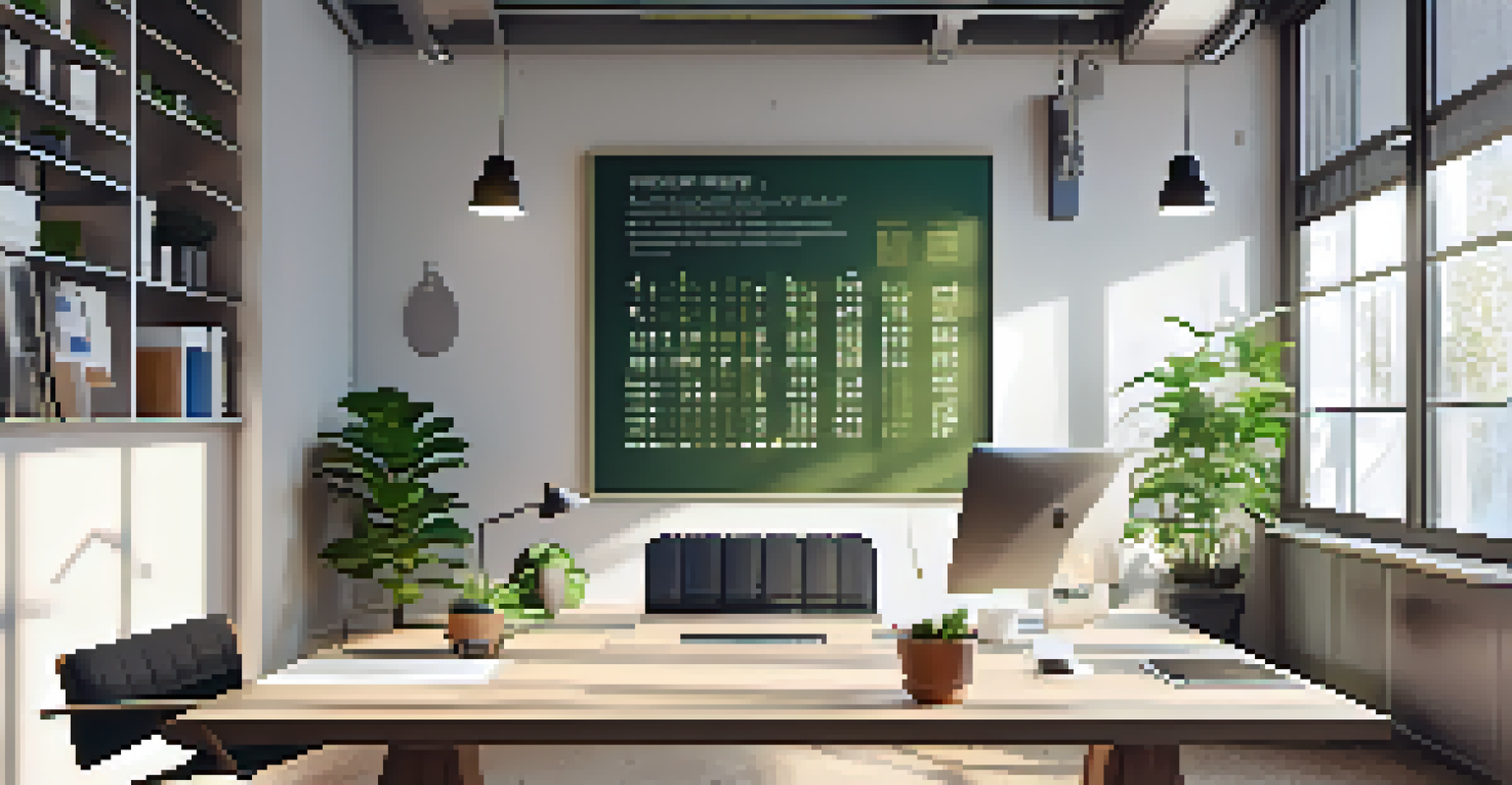 A bright workspace featuring a wall-mounted Eisenhower Matrix, motivational quotes, and a potted plant, illuminated by natural light.