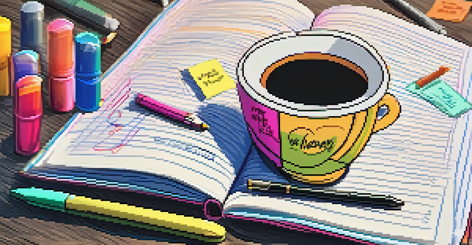 A close-up of a hand writing in a success journal surrounded by colorful pens and a cup of tea on a desk.