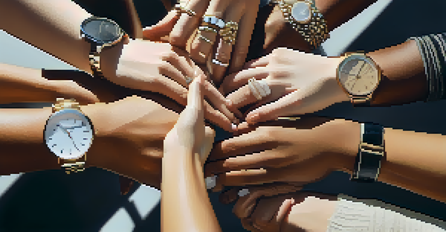 Diverse hands joining together in a circle, symbolizing trust and collaboration, with a soft-focus background of a motivational workspace.