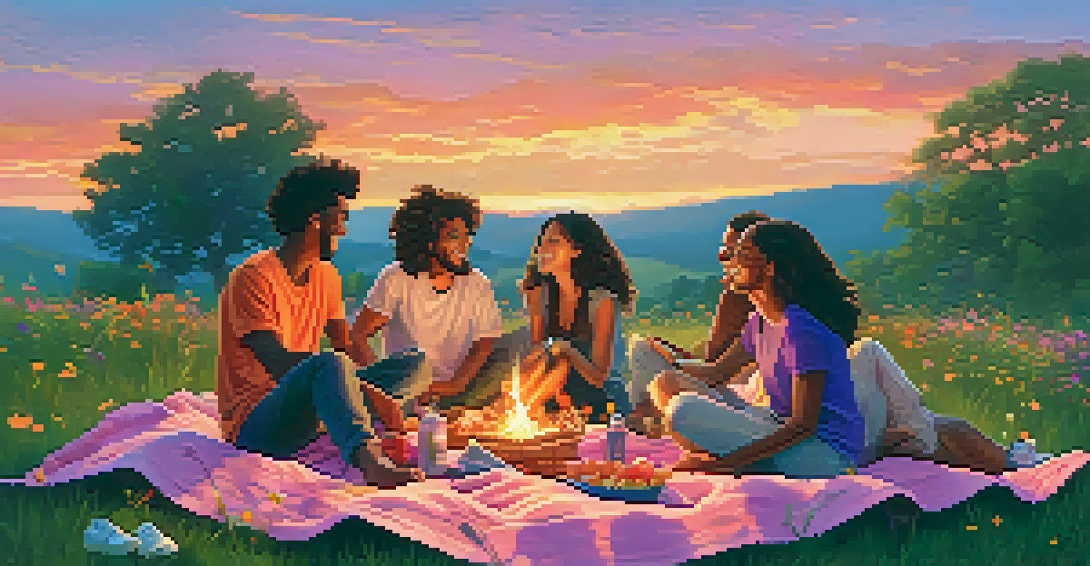 A diverse group of friends sitting on a picnic blanket at sunset, sharing moments of gratitude amidst a vibrant sky.