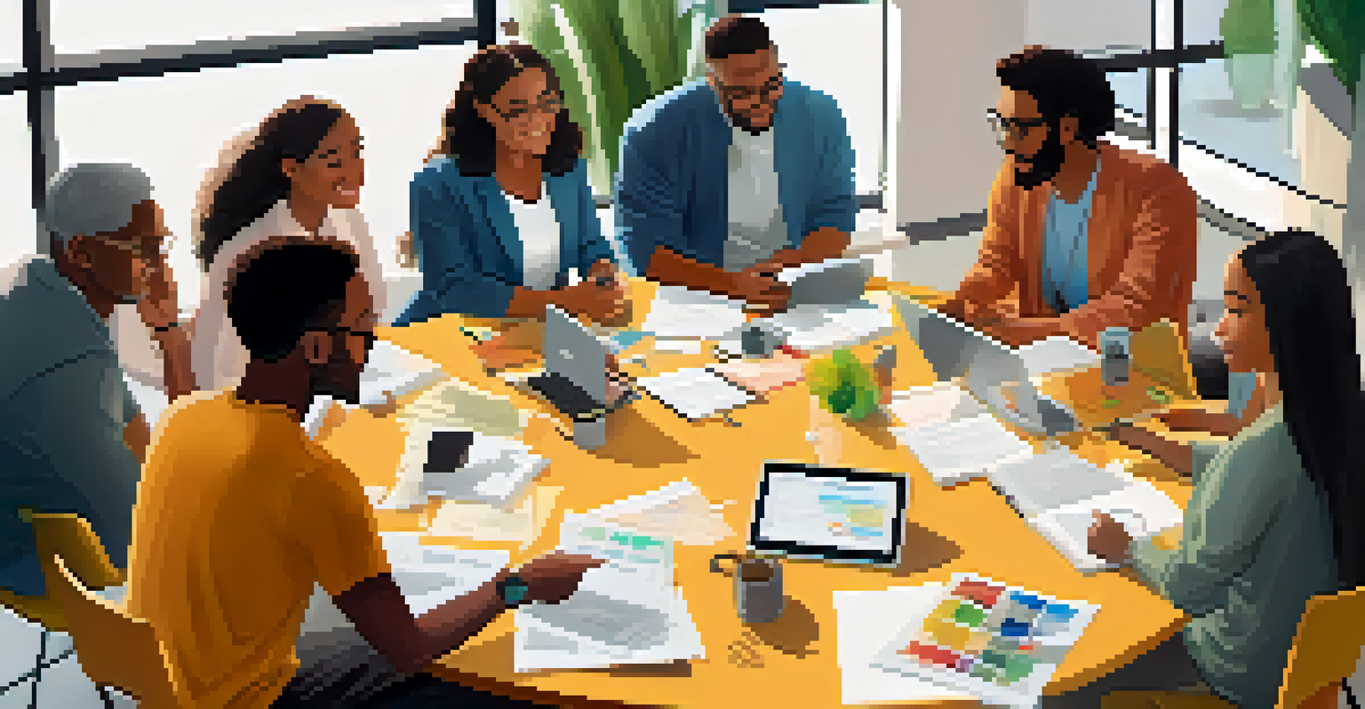 A diverse group of people in a circle sharing ideas, surrounded by notepads and laptops in a bright environment.