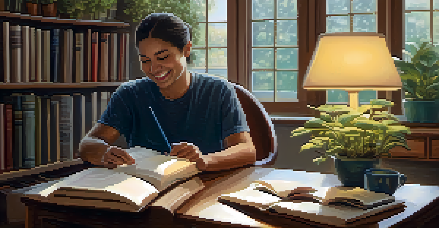 A person journaling in a cozy room filled with plants and books, radiating a sense of peace.