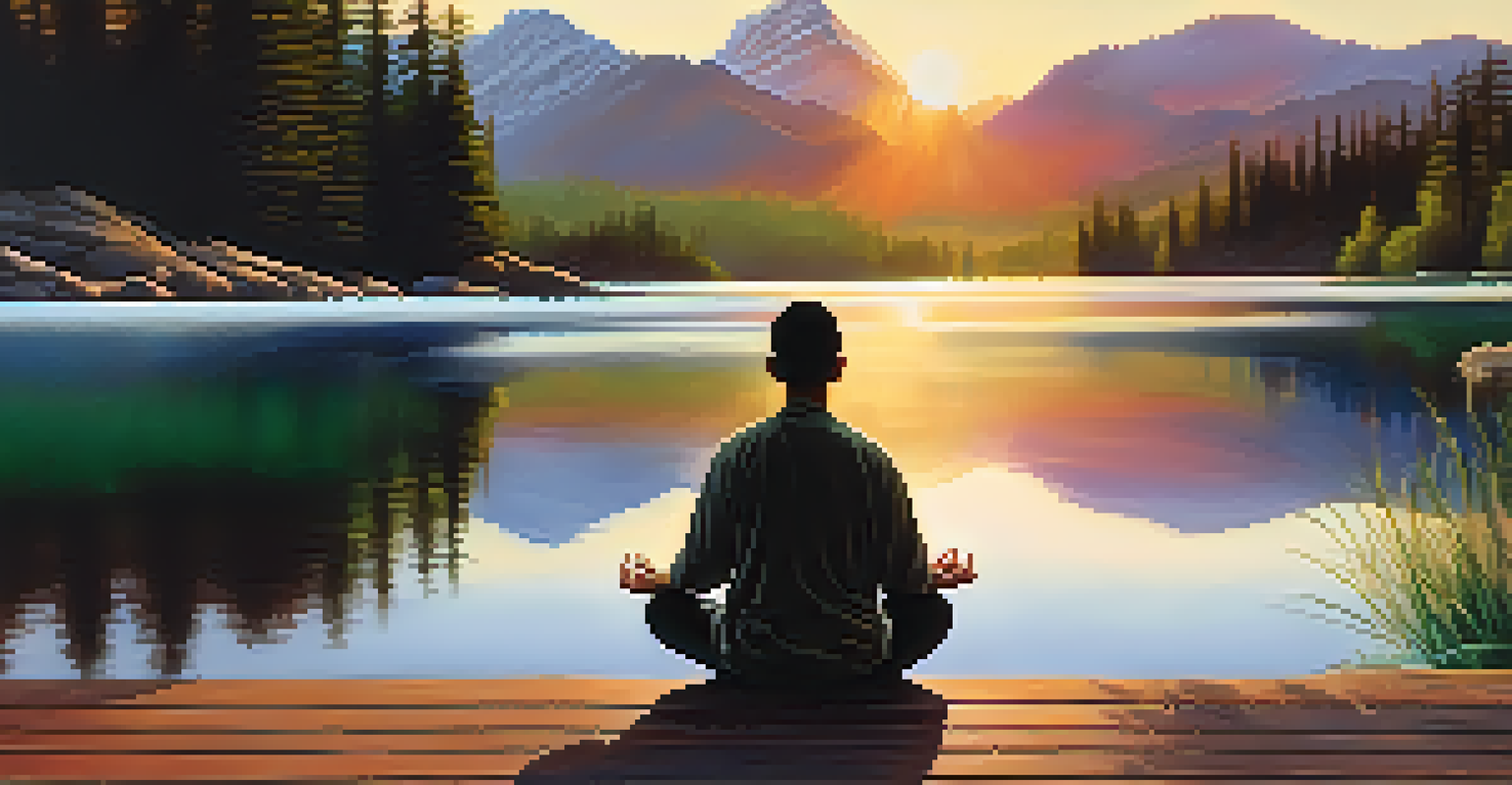 A person meditating by a lake at sunrise, with mountains in the background and colorful reflections in the water.