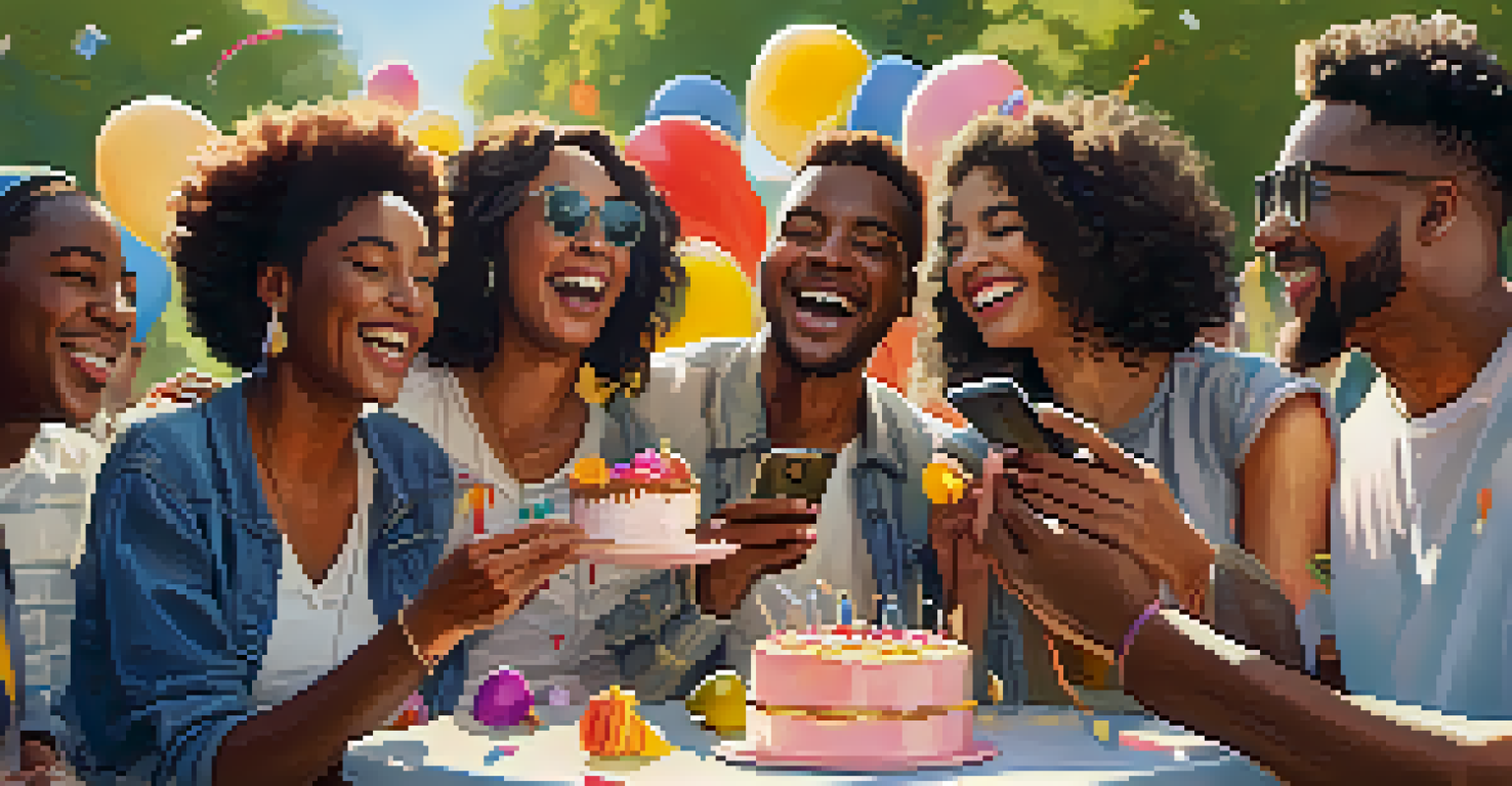 A group of diverse friends in a sunny park celebrating with a small cake, laughing and taking a selfie, surrounded by balloons and decorations.