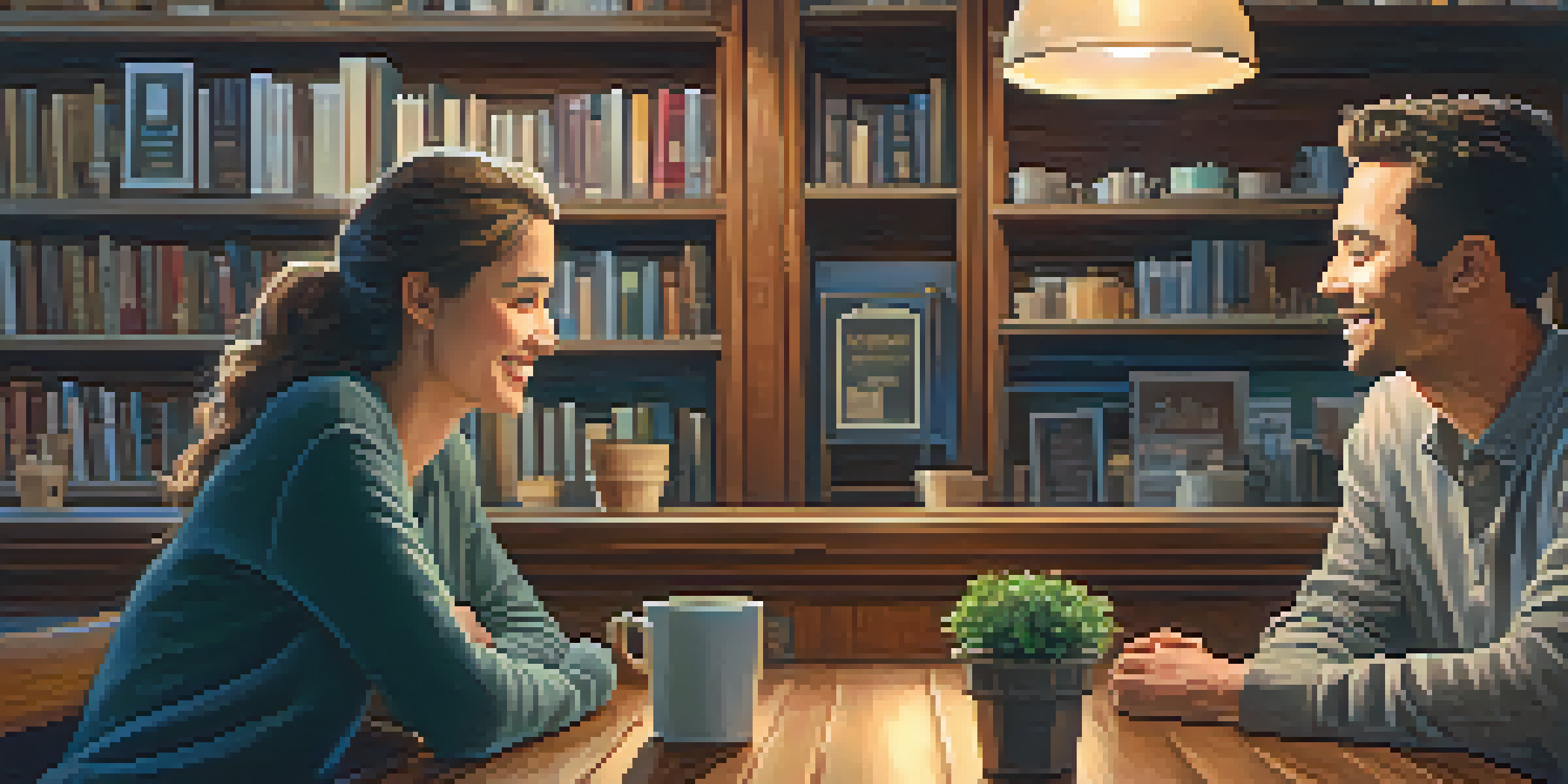 Two friends having a heartfelt conversation in a cozy coffee shop, surrounded by books and plants.