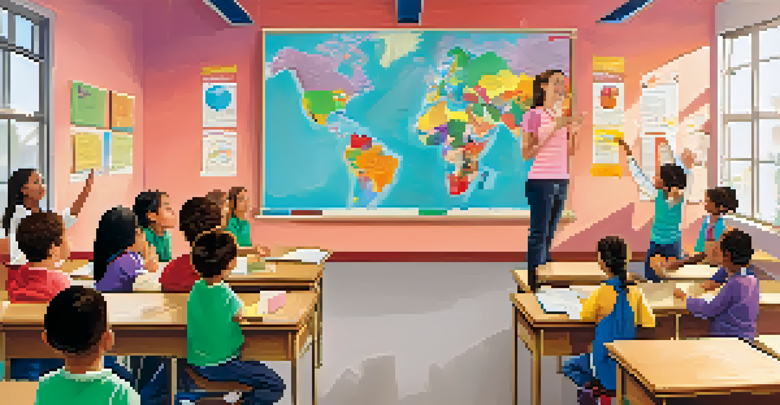 A teacher leading a discussion about emotions with engaged students in a colorful classroom.
