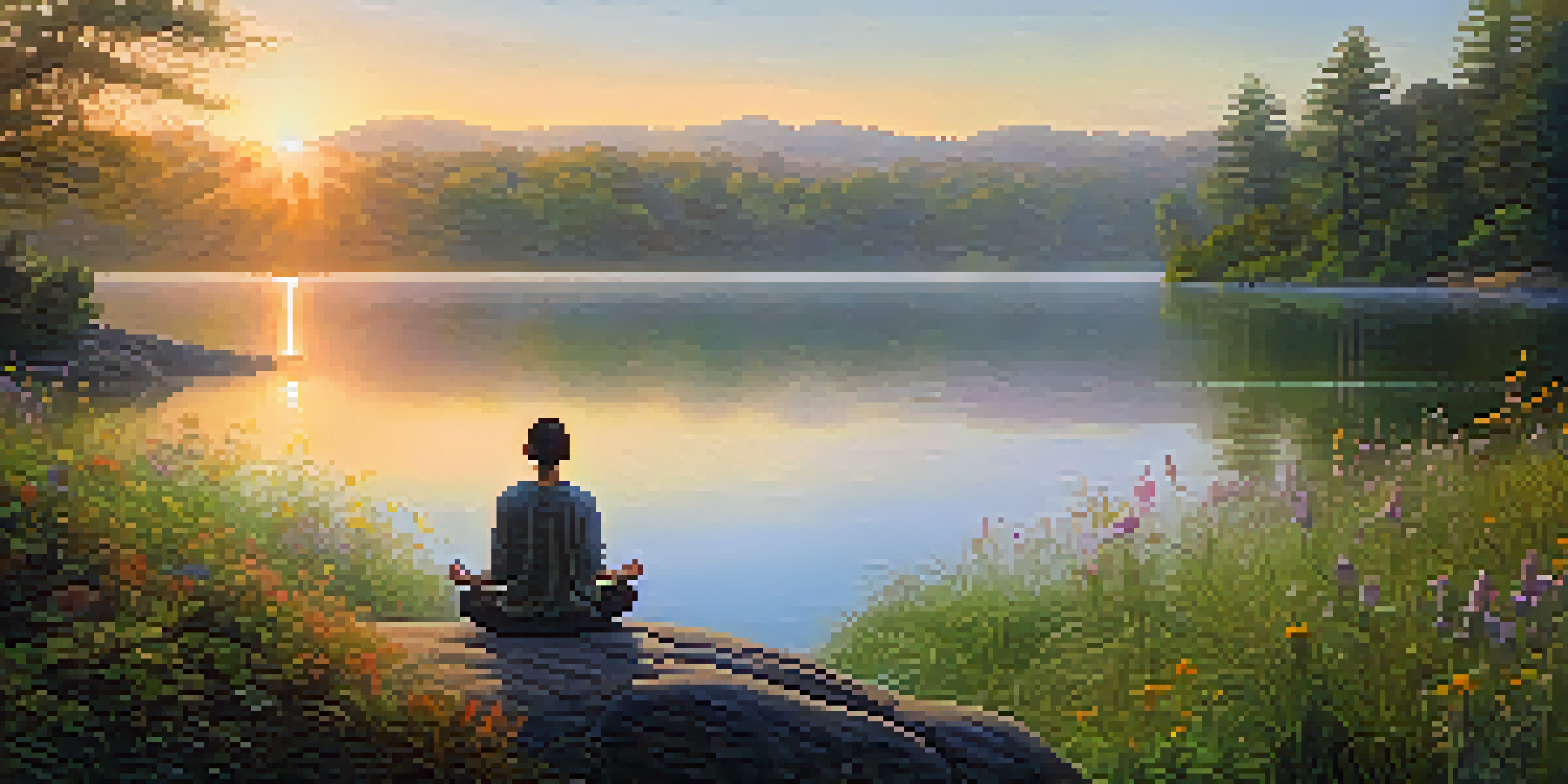 A person meditating on a rock by a calm lake at sunrise, surrounded by greenery and wildflowers.
